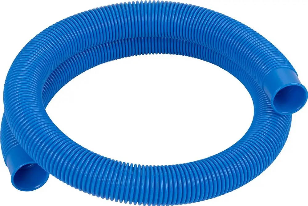 Blauer, flexibler Schlauch mit Spiralstruktur, geeignet für den Einsatz im Schwimmbadbereich. Produkt von Grünbeck, sichtbar sind die offenen Enden zur Verbindung.